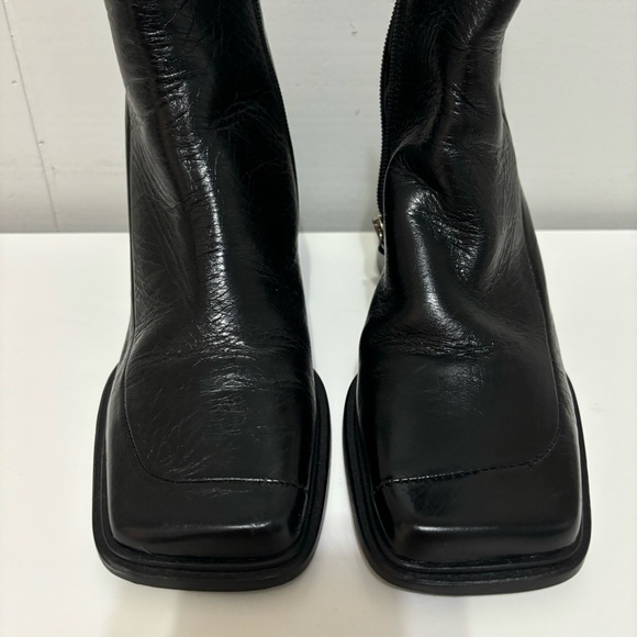 Women’s Black Leather ASOS Square Toe Side Zipper Chunky Block Heel Ankle Boots - Picture 9 of 10
